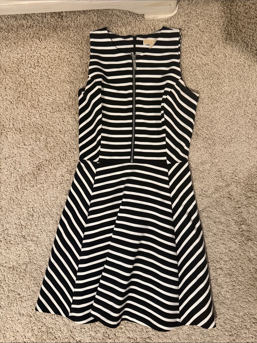 Michael Kors Black and White Striped Sleeveless Fit-and-Flare Dress